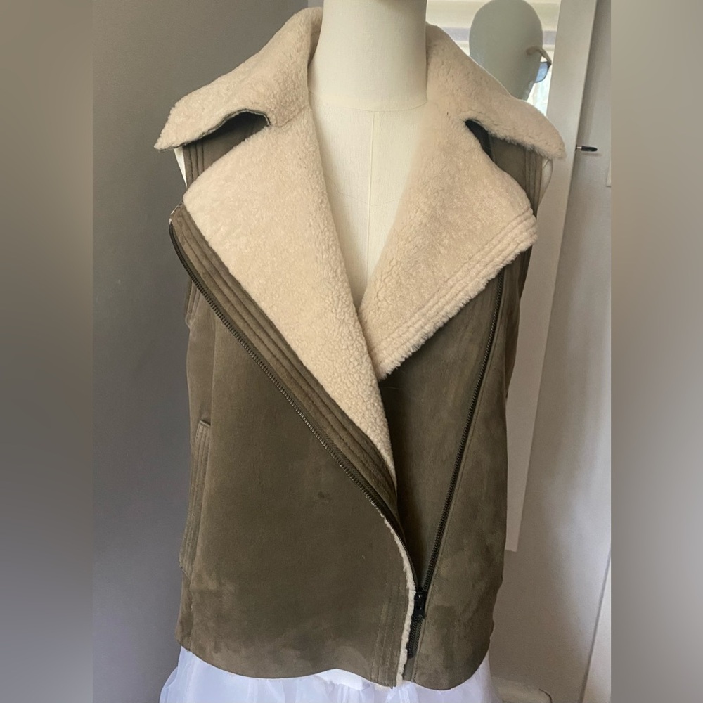 Vince Olive and Cream Shearling Vest